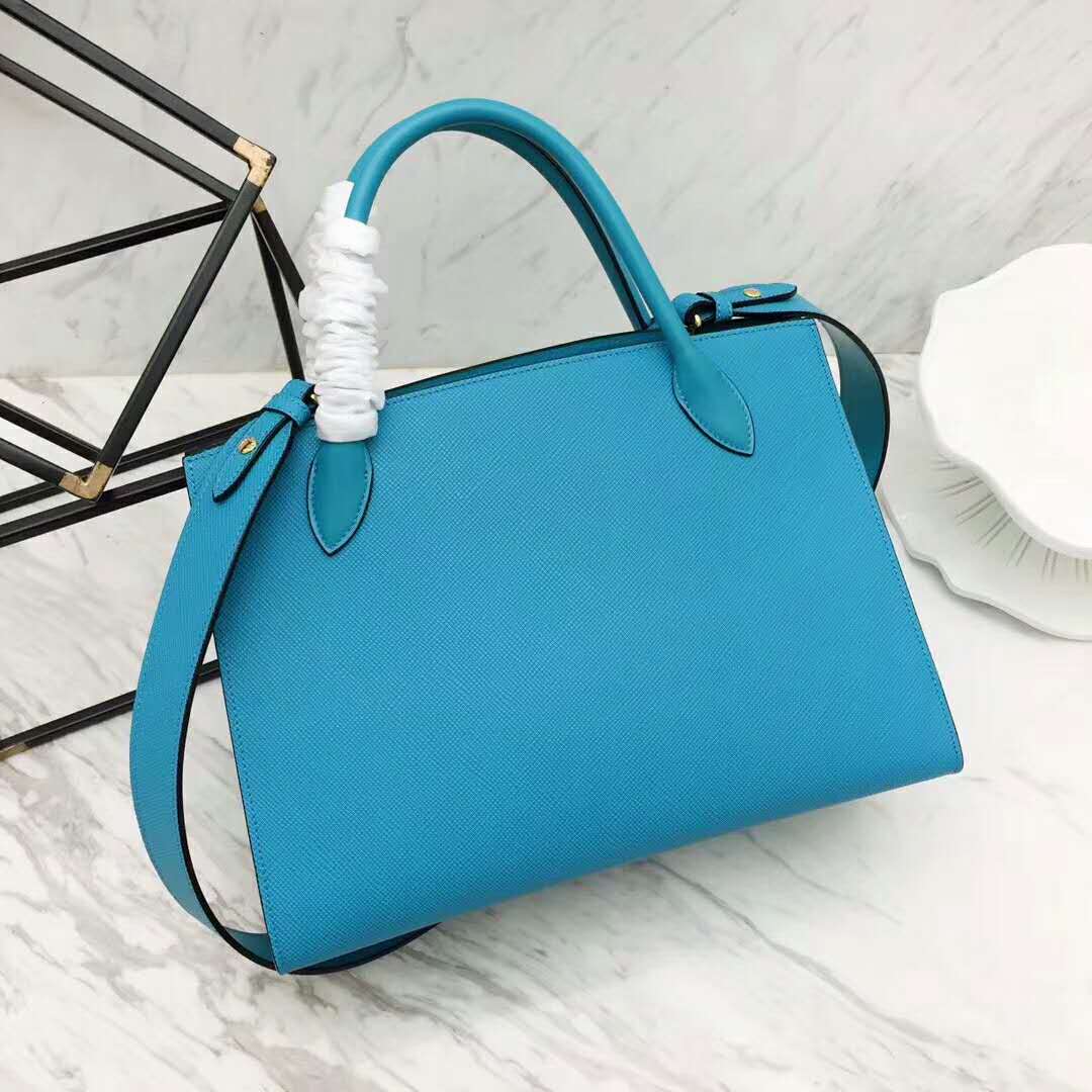 Side profile showing adjustable strap of Prada Monochrome Handbag Aqua