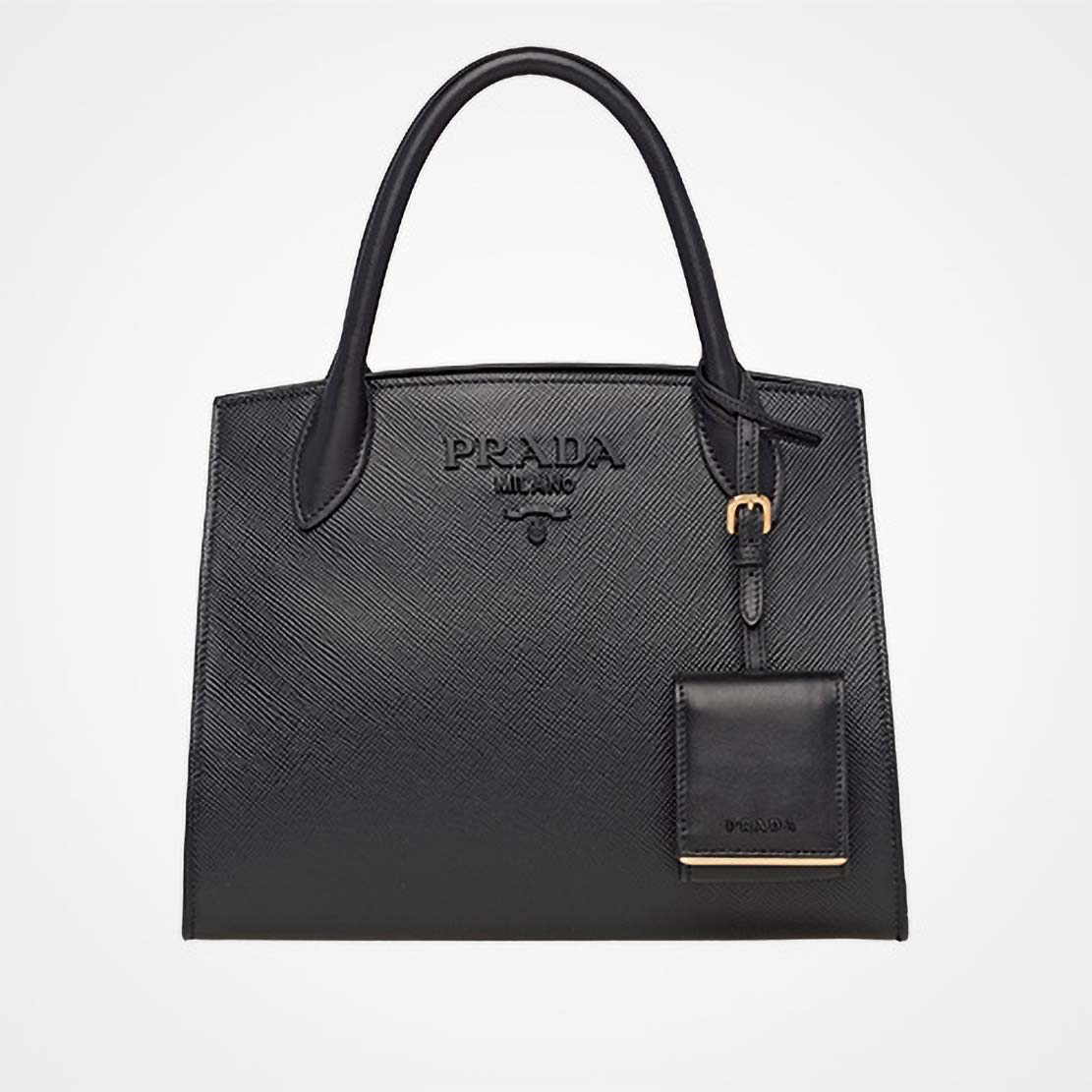 Front view of Prada Monochrome Handbag in Saffiano and Calf Leather-Black
