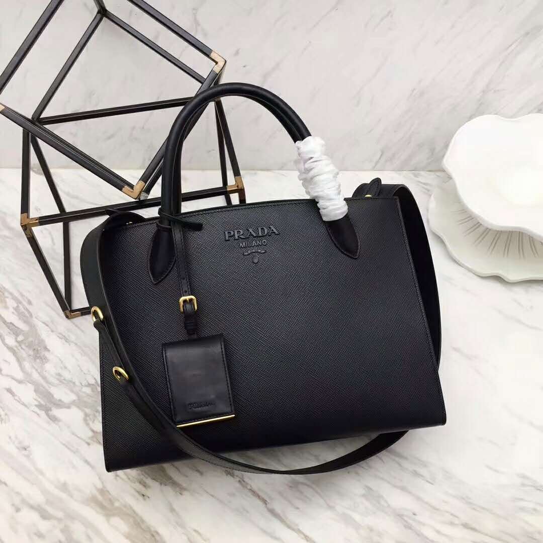 Close-up of silver hardware on Prada Monochrome Handbag in black leather