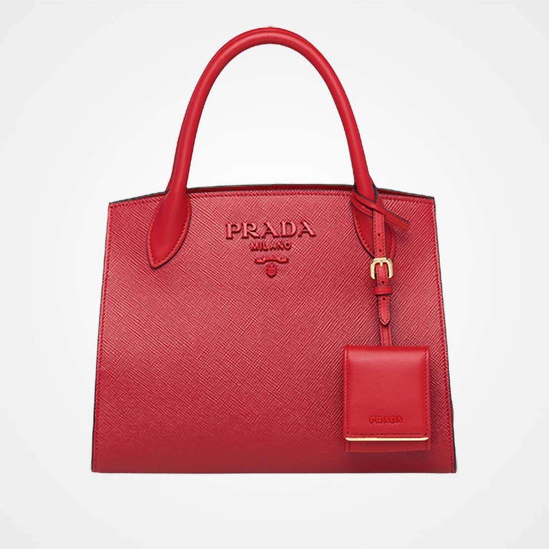 Front view of Prada Monochrome Handbag in vibrant red leather