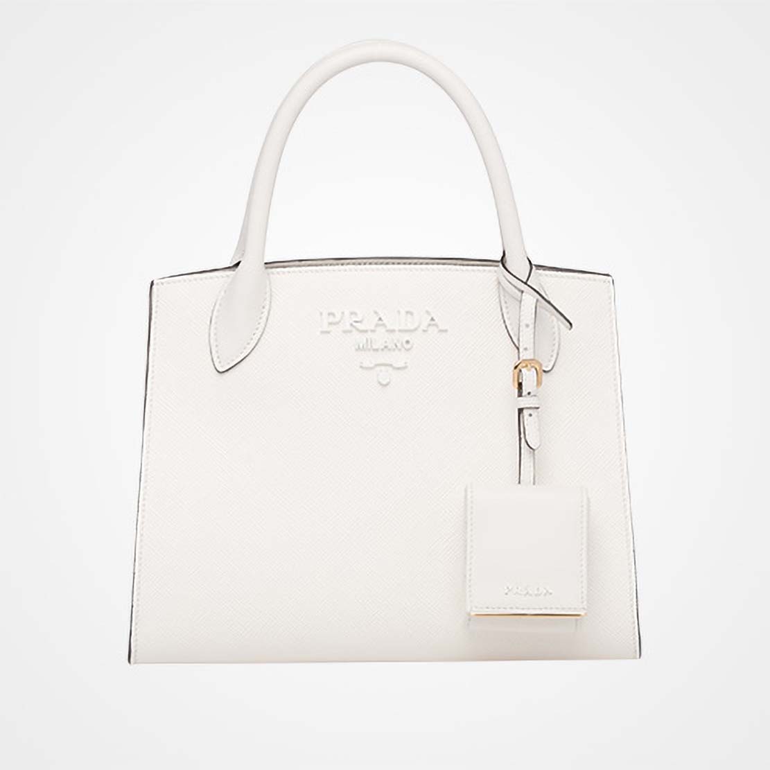 Front view of Prada Monochrome Handbag in Saffiano and Calf Leather-White