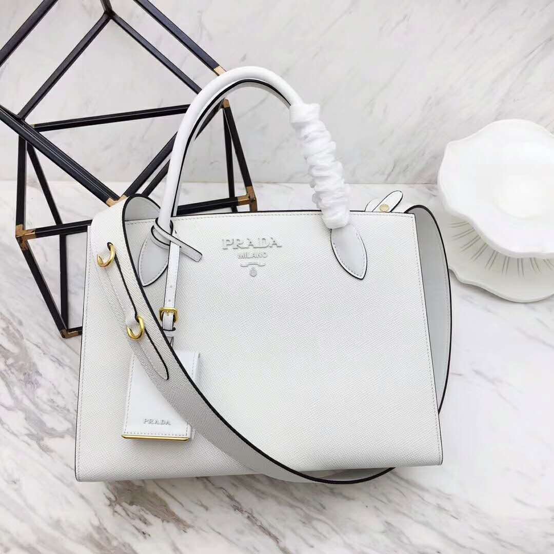 Close-up detail of silver-tone hardware on Prada Monochrome Handbag white