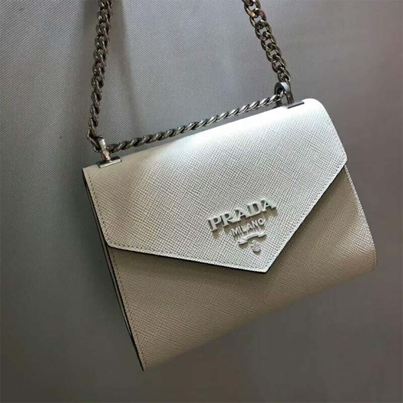 Close-up of silver hardware and textured saffiano leather on Prada Monochrome Bag
