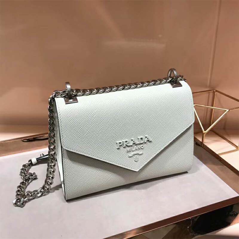 Side angle highlighting structured shape of Prada Monochrome Saffiano Leather Bag-White