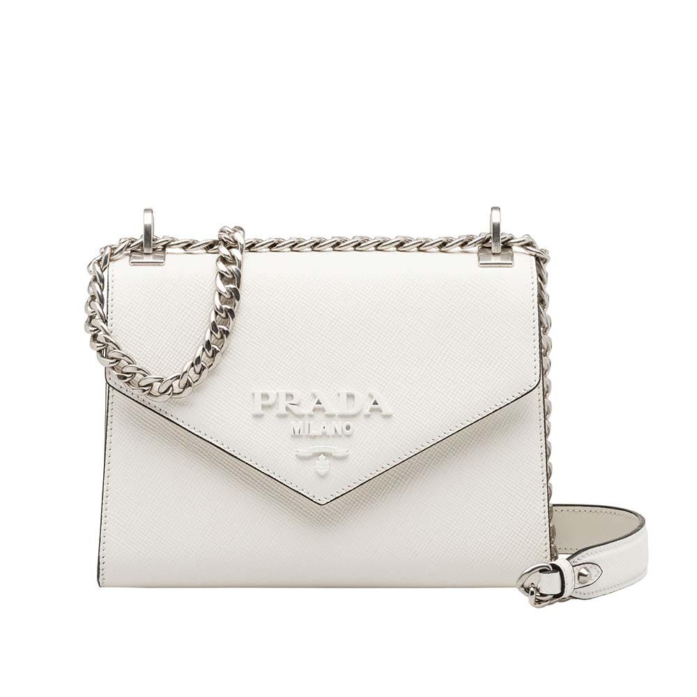 Front view of Prada Monochrome Saffiano Leather Bag-White showing clean silhouette