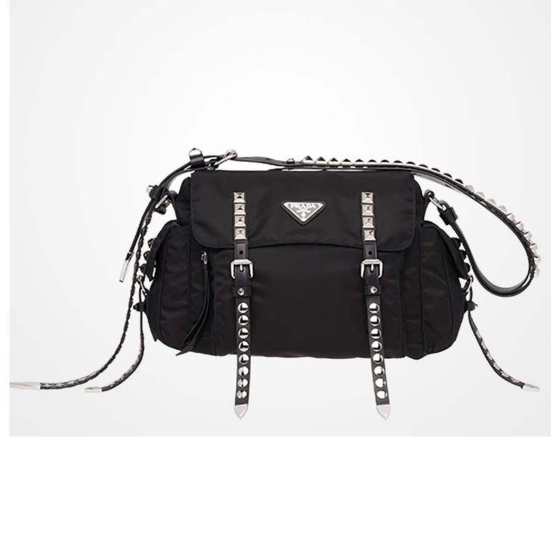 Front view of Prada Nylon Shoulder Bag with Calf Leather Trim-Black