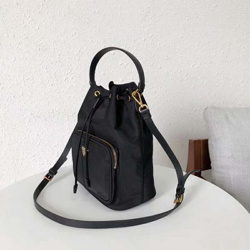 Side angle of Prada Unisex Fabric Shoulder Bag-Black highlighting fabric texture