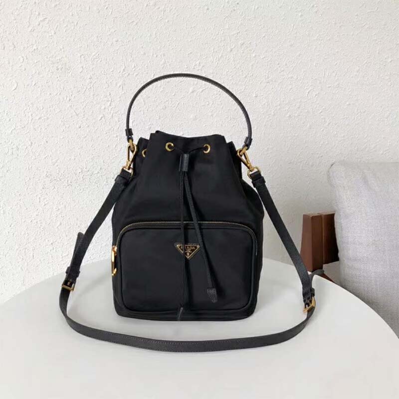 Close-up detail of silver-tone hardware on Prada Unisex Fabric Shoulder Bag-Black