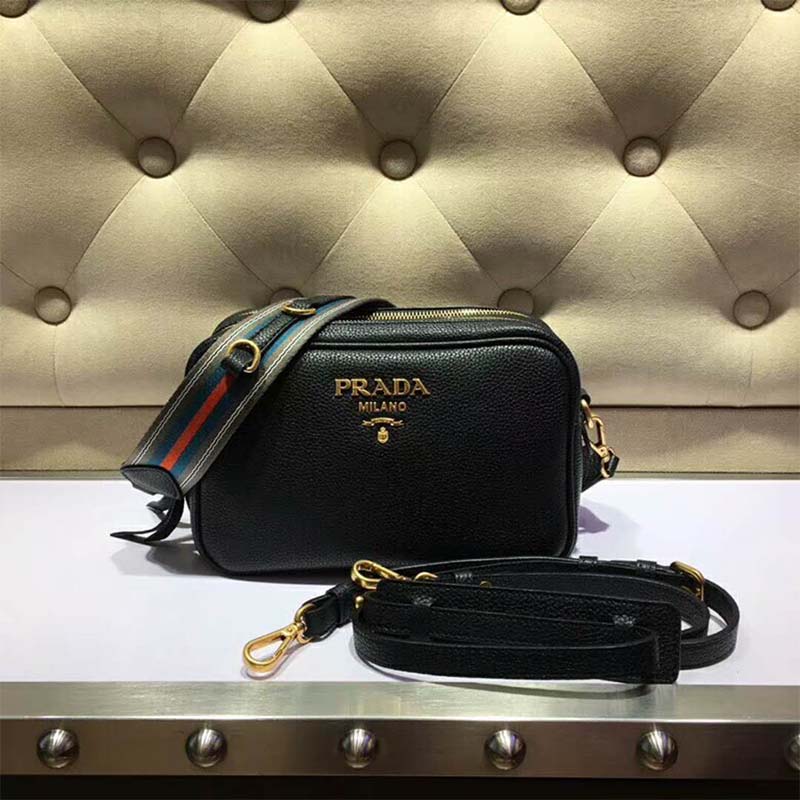 Close-up of silver hardware and Prada logo on Prada Women Calf Leather Shoulder Bag-Black