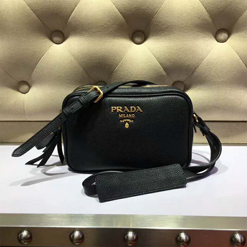 Side angle highlighting adjustable strap on Prada Women Calf Leather Shoulder Bag-Black