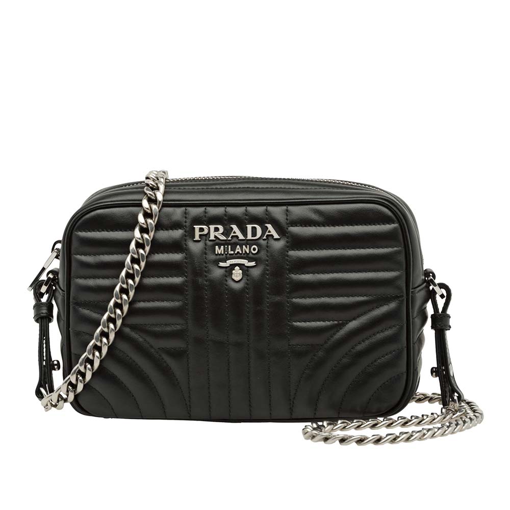 Front view of Prada Women Diagramme Leather Cross-Body Bag-Black showing quilted design