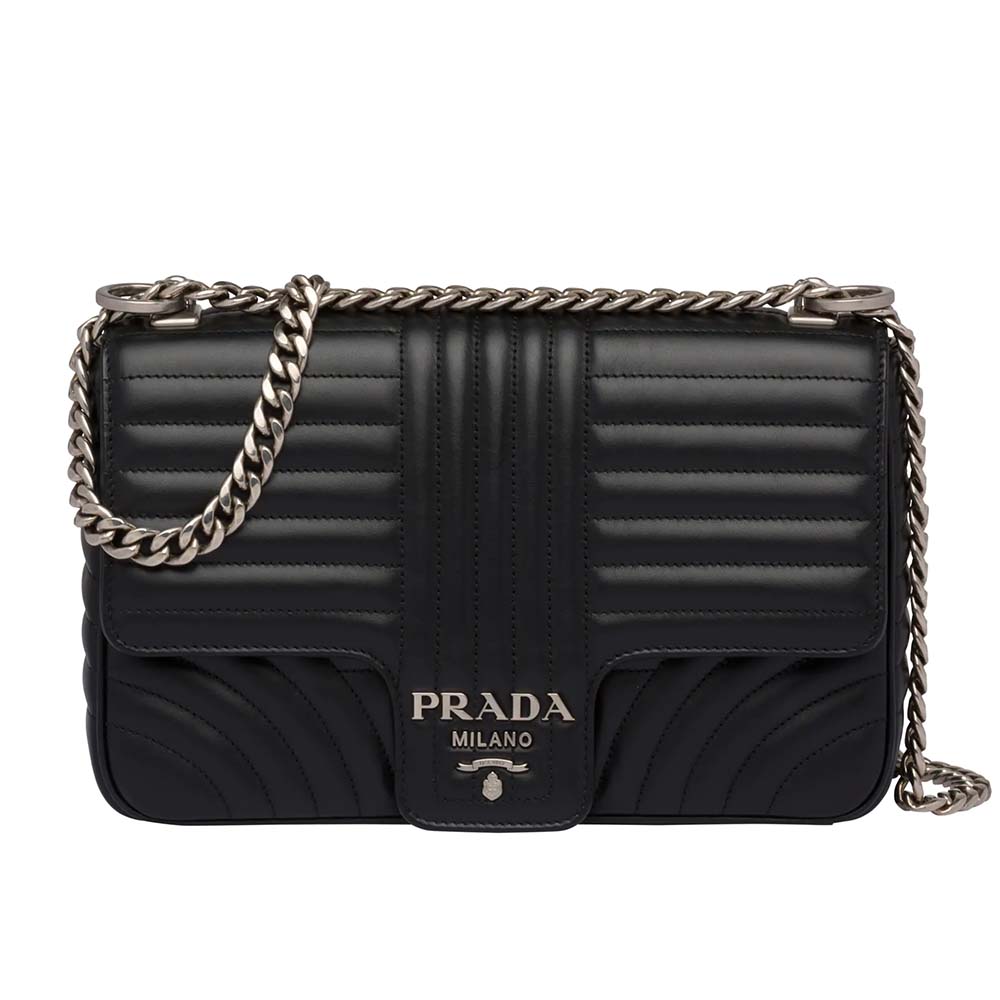 Front view of Prada Women Diagramme Leather Shoulder Bag-Black showing quilted design