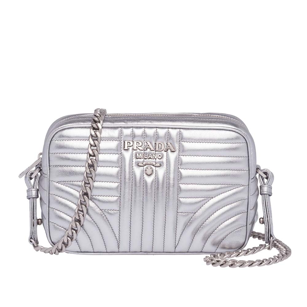 Front view of Prada Women Diagramme Leather Shoulder Bag-Silver showing quilted pattern