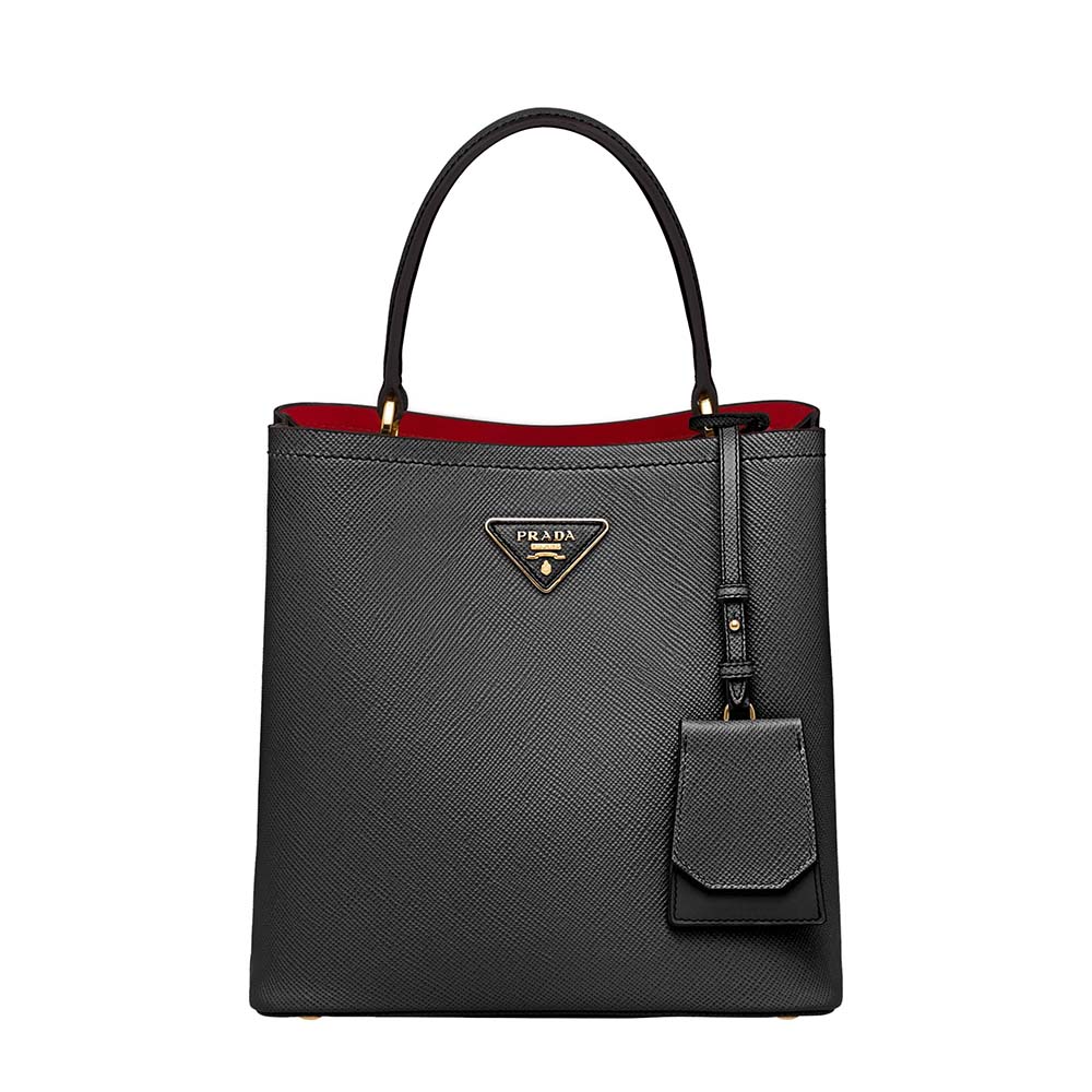 Front view of Prada Women Double Medium Bag in Saffiano Leather-Black