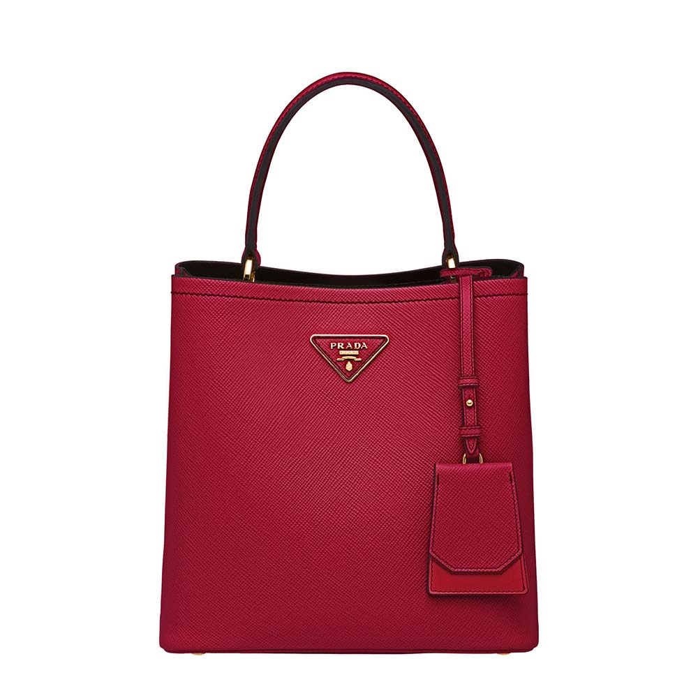 Front view of Prada Women Double Medium Bag in vibrant red saffiano leather