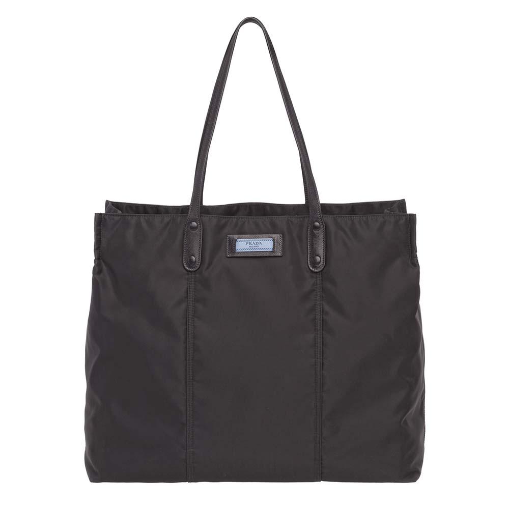 Front view of Prada Women Large Etiquette Nylon Bag-Black with silver logo