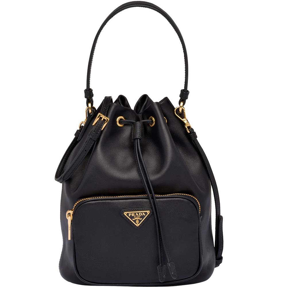 Front view of Prada Women Leather Bucket Shoulder Bag-Black with drawstring