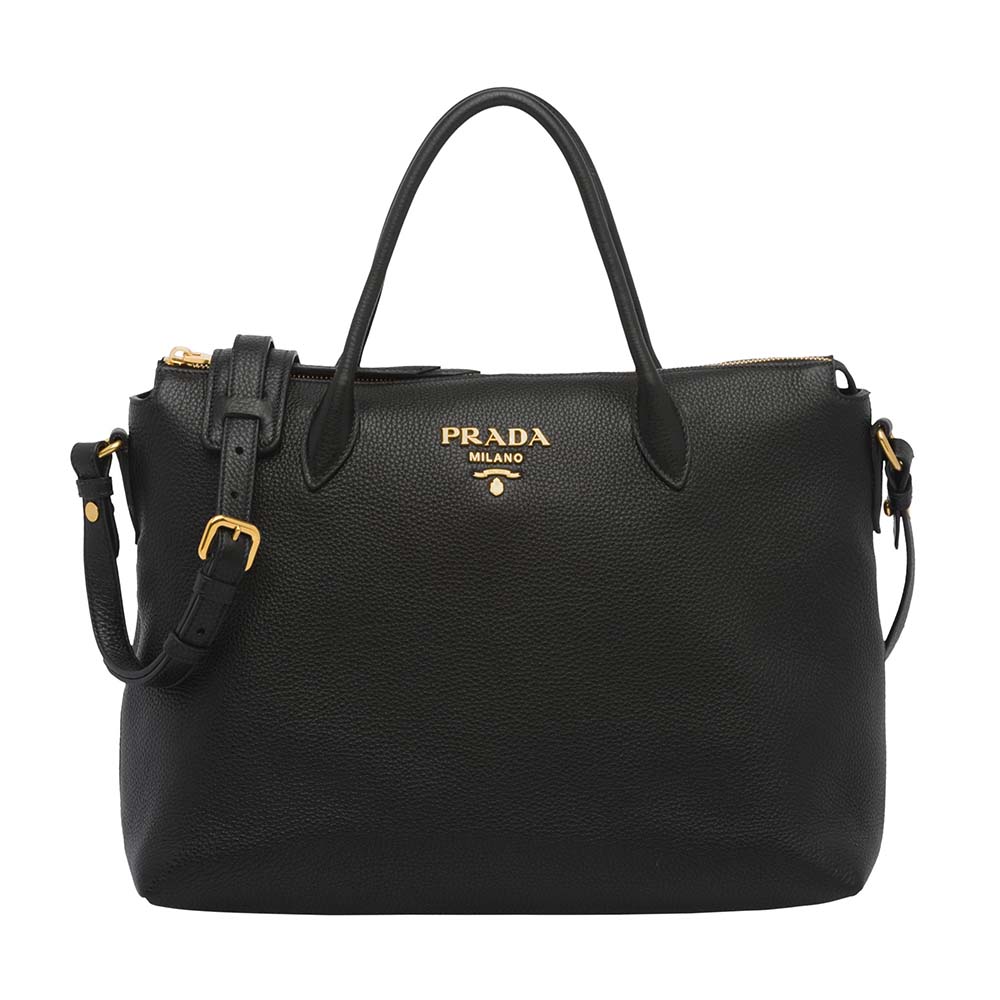 Front view of Prada Women Leather Handbag-Black showcasing logo