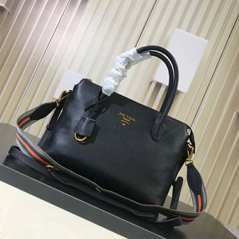 Close-up of zip closure and adjustable strap of Prada Women Leather Handbag-Black