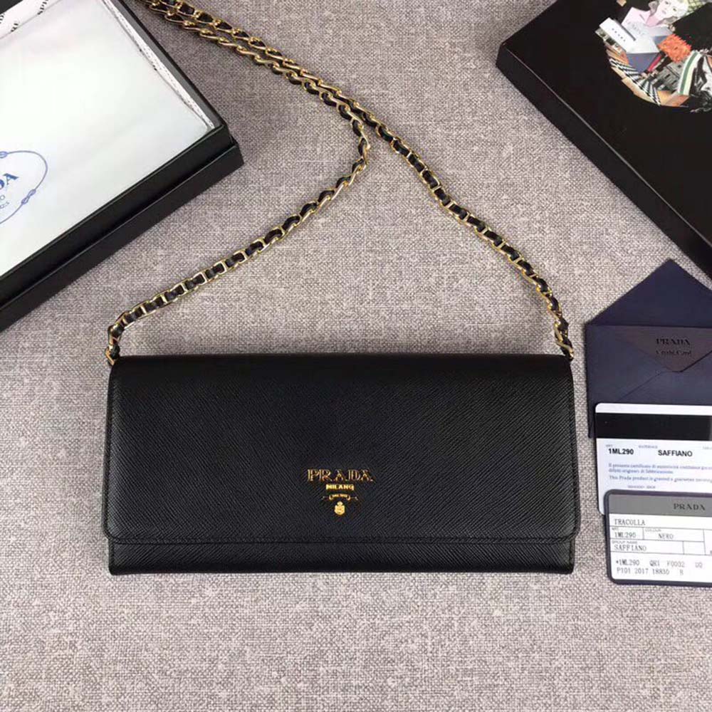 Close-up of silver hardware on Prada Women Leather Shoulder Bag in Saffiano-Black