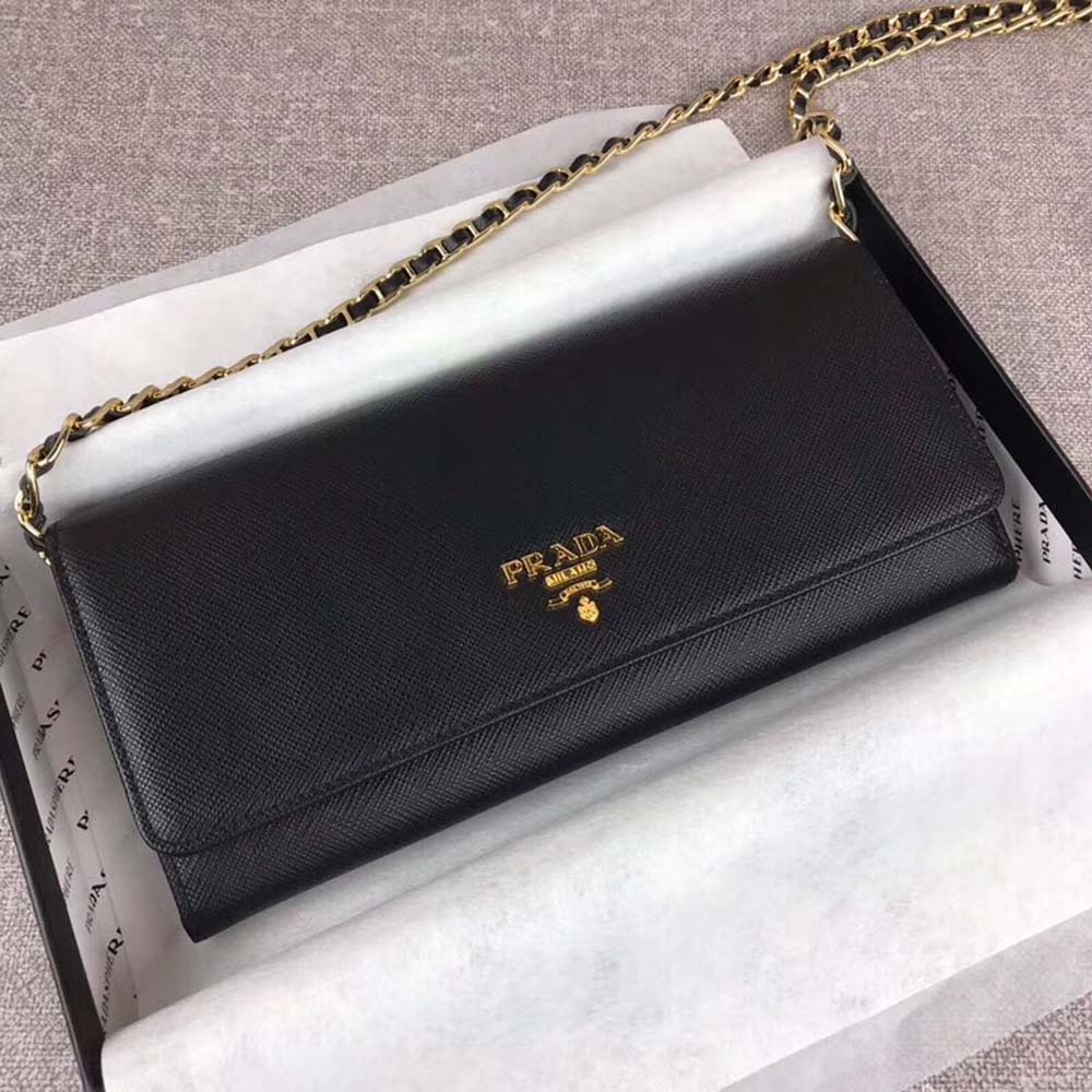 Side profile showing structured silhouette of Prada Women Leather Shoulder Bag in Saffiano-Black