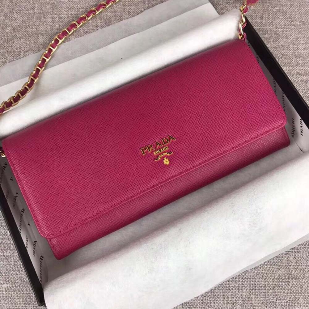 Side profile showing strap detail of Prada Women Leather Shoulder Bag in Saffiano-Rose
