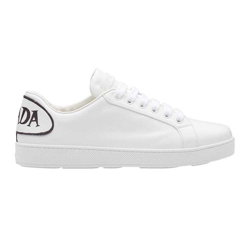 Side view of Prada Women Leather Sneakers Applique Shoes White showing applique detail