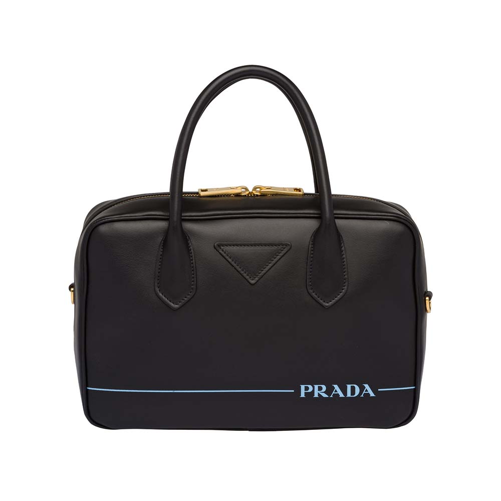 Front view of Prada Women Mirage Small Leather Bag-Black with flap closed