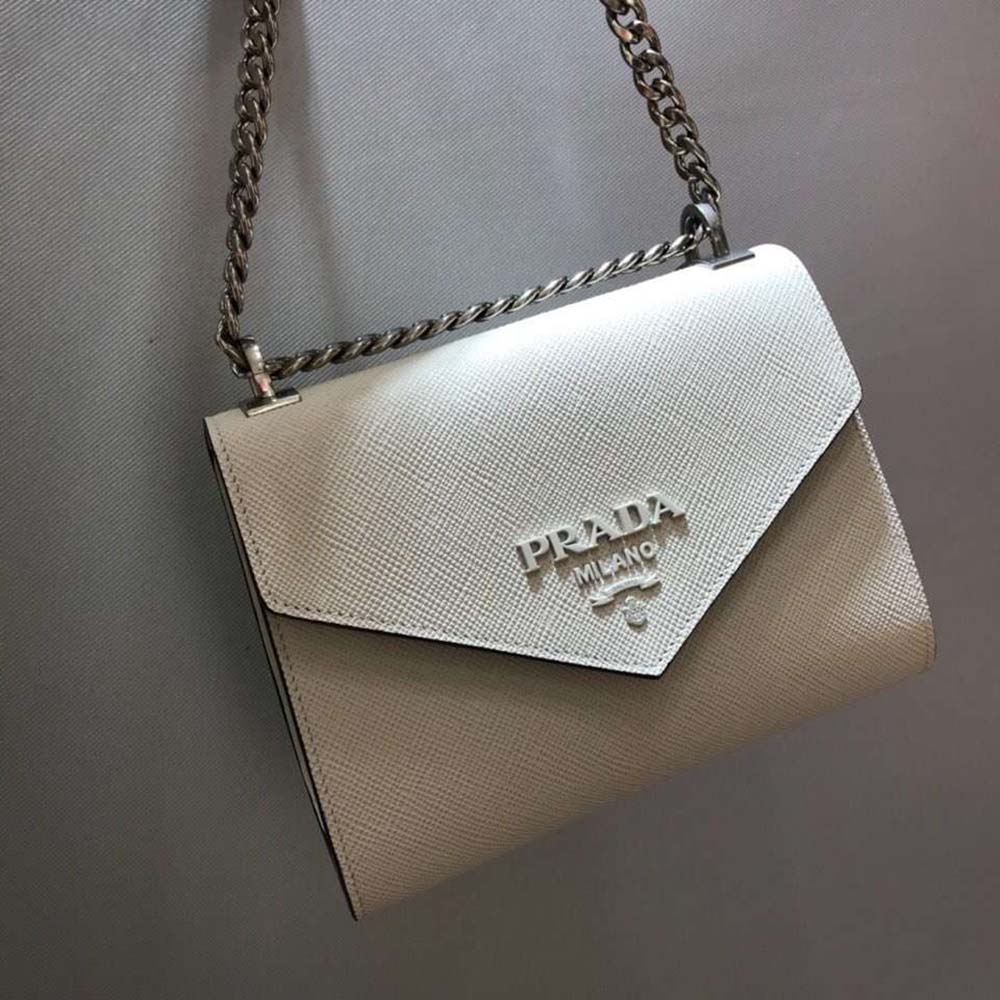 Close-up detail of beige saffiano leather texture on Prada bag