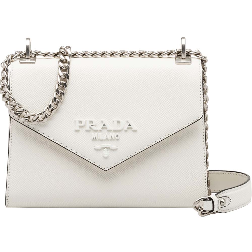 Front view of Prada Women Monochrome Saffiano Leather Bag-Beige with logo