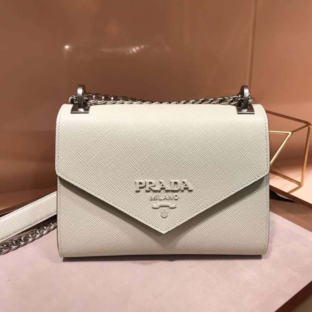 Side profile showing adjustable strap and zip closure on Prada bag