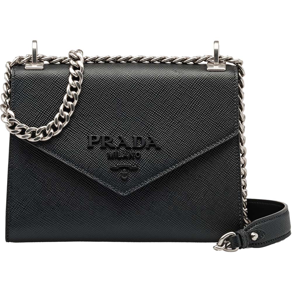 Front view of Prada Women Monochrome Saffiano Leather Bag-Black