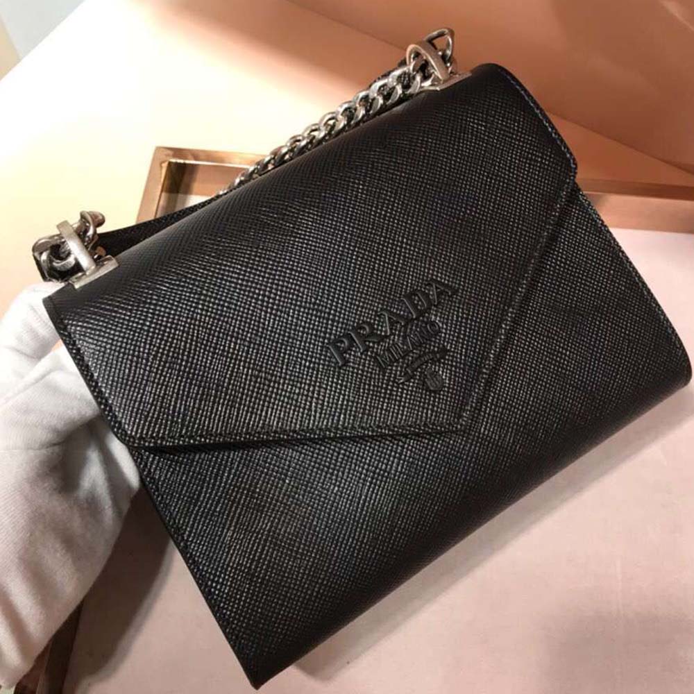 Close-up of polished silver hardware on Prada Women Monochrome Saffiano Leather Bag-Black