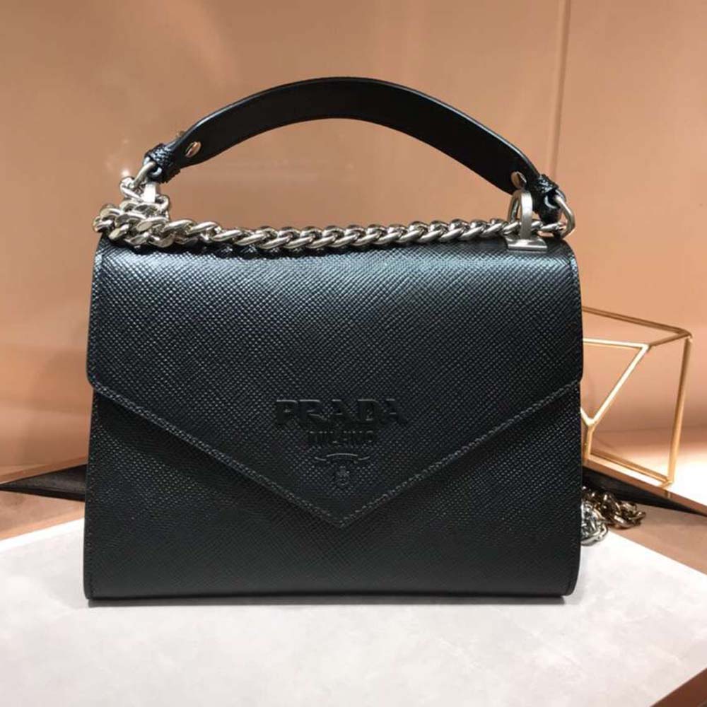 Side angle showing sleek silhouette of Prada Women Monochrome Saffiano Leather Bag-Black