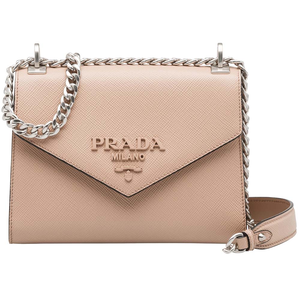 Front view of Prada Women Monochrome Saffiano Leather Bag-Pink showing logo