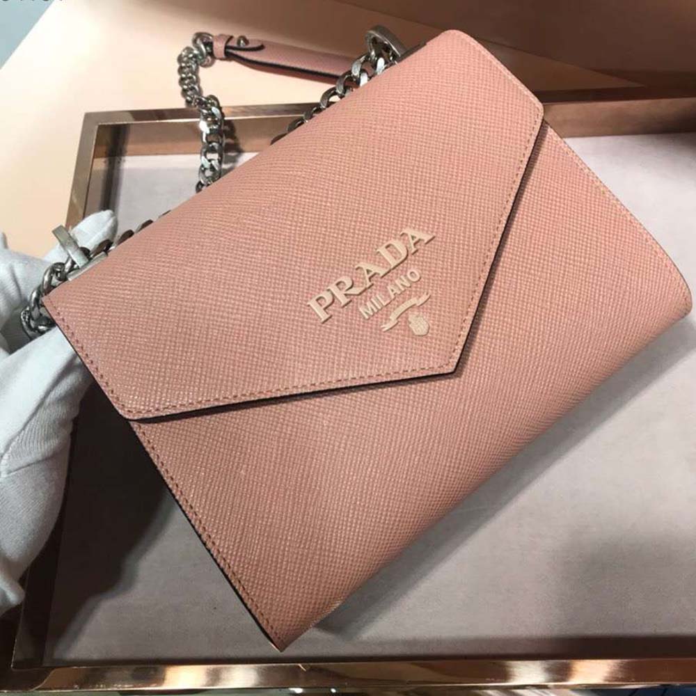 Close-up of gold-tone hardware on Prada Women Monochrome Saffiano Leather Bag-Pink