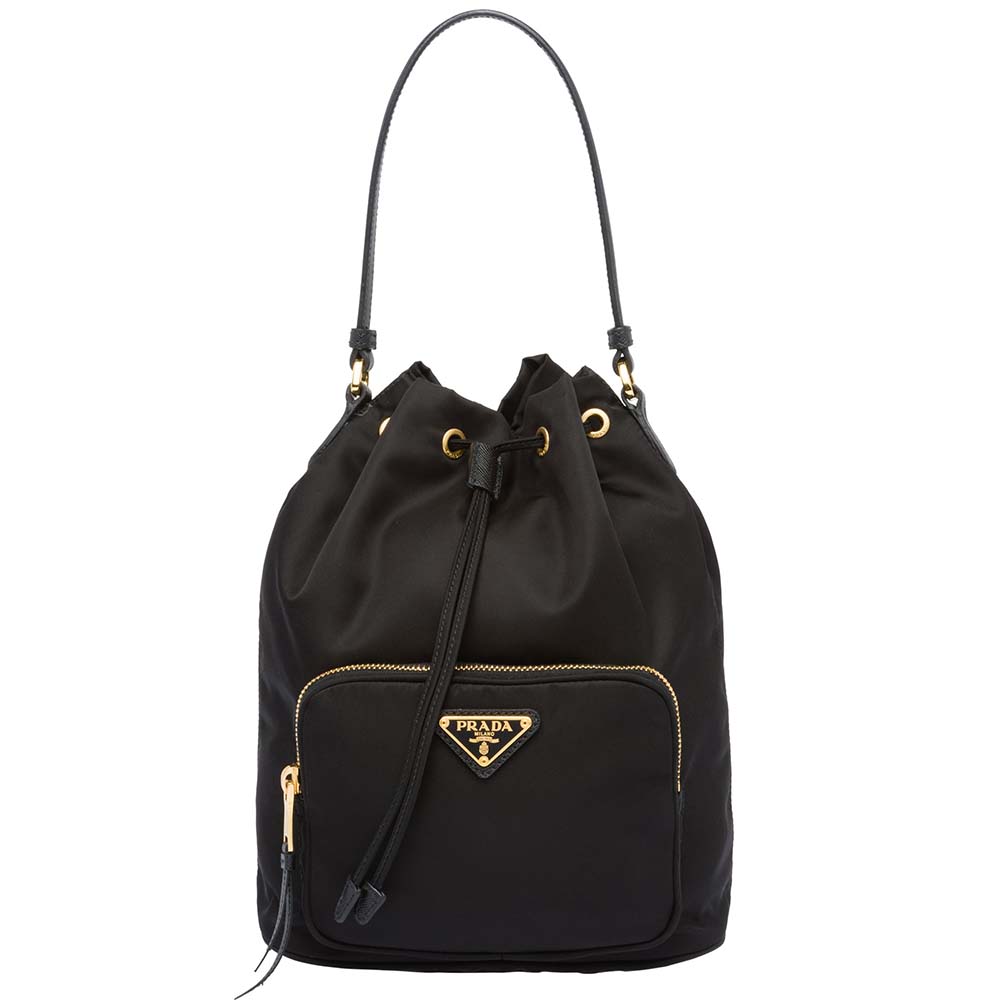 Front view of Prada Women Nylon Shoulder Bag-Black with silver logo