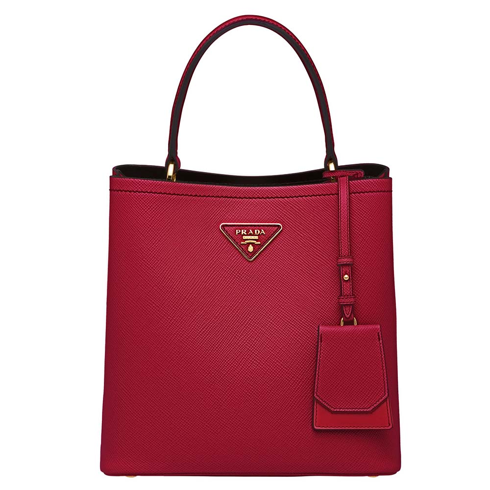 Front view of Prada Women Panier Medium Bag in Saffiano Leather-Red
