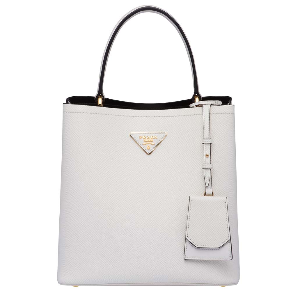 Front view of Prada Women Panier Medium Bag in Saffiano Leather-White