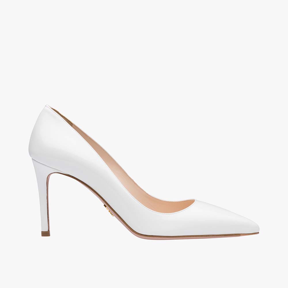 Side view of Prada Women Patent Leather Pointy Toe Pumps 85mm Heel-White