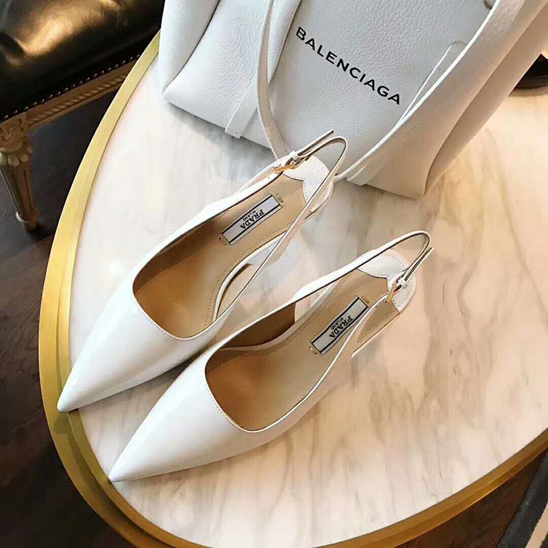 Prada Women Pointy Toe Slingback Pumps 45 mm Covered Heel-White - image 4