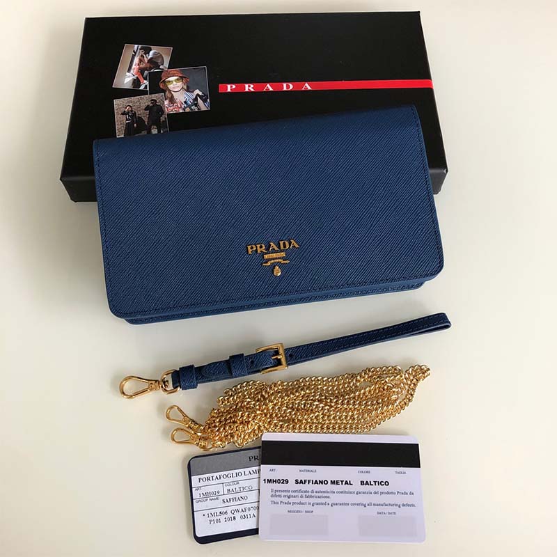 Close-up of gold-tone hardware on Prada Women Saffiano Leather Mini Bag-Navy