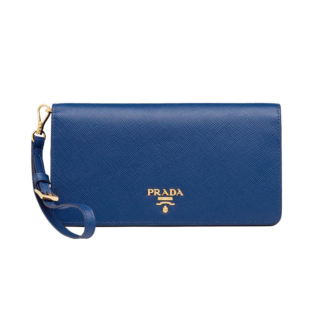 Front view of Prada Women Saffiano Leather Mini Bag-Navy showing flap closure