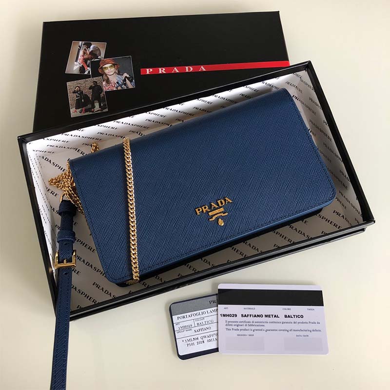 Side angle of Prada Women Saffiano Leather Mini Bag-Navy highlighting texture