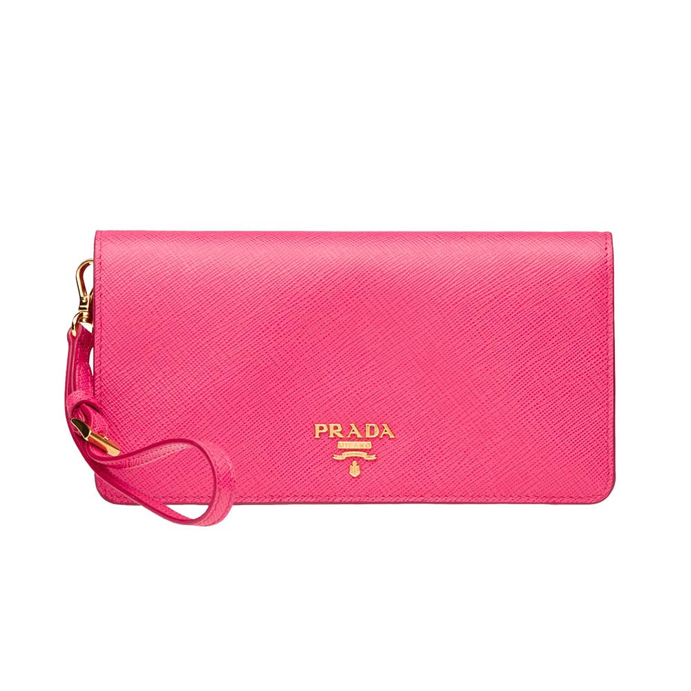 Front view of Prada Women Saffiano Leather Mini Bag-Pink showcasing zip closure