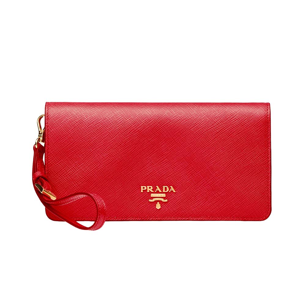 Front view of Prada Women Saffiano Leather Mini Bag-Red showing logo
