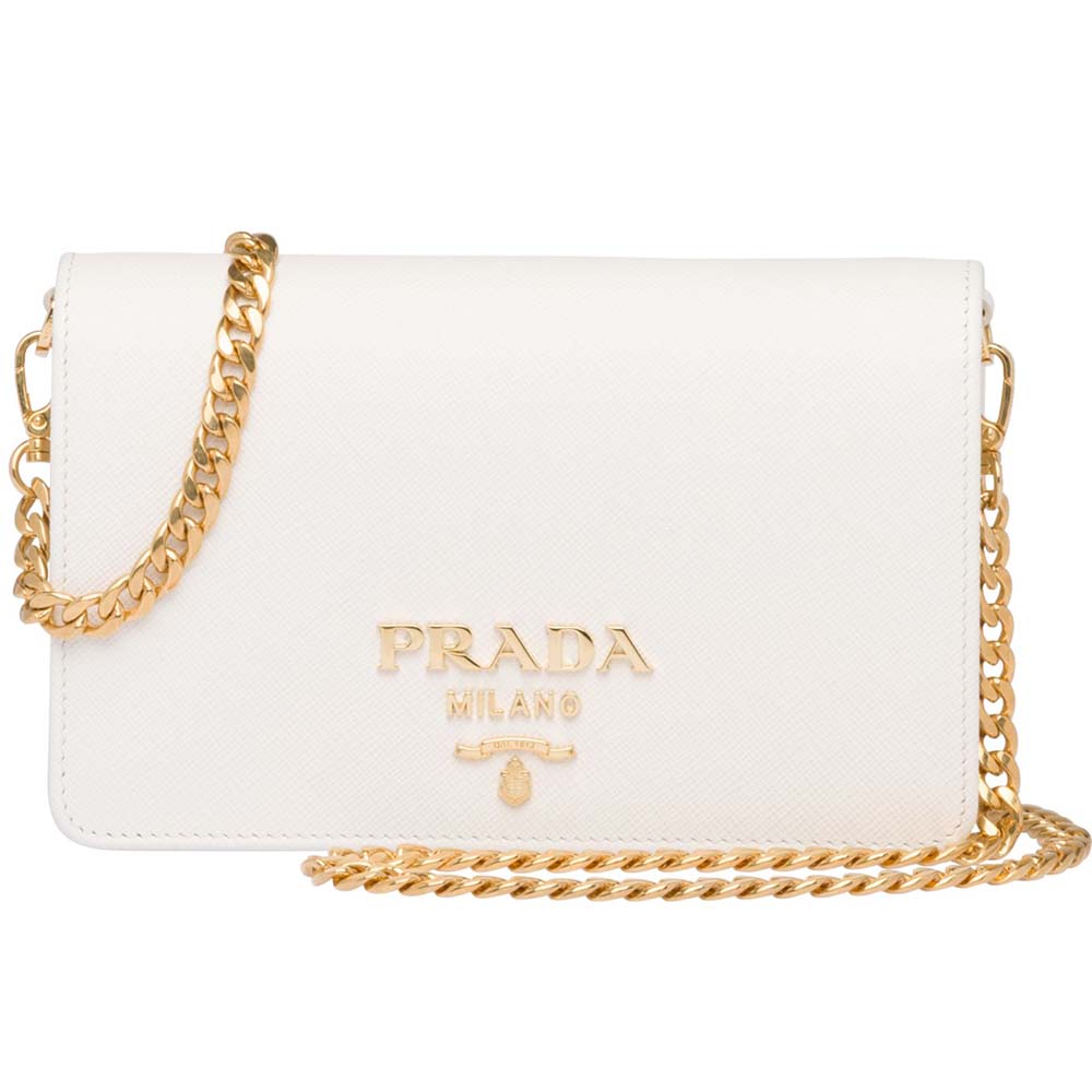 Front angle of Prada Women Saffiano Leather Shoulder Bag-Beige showing logo