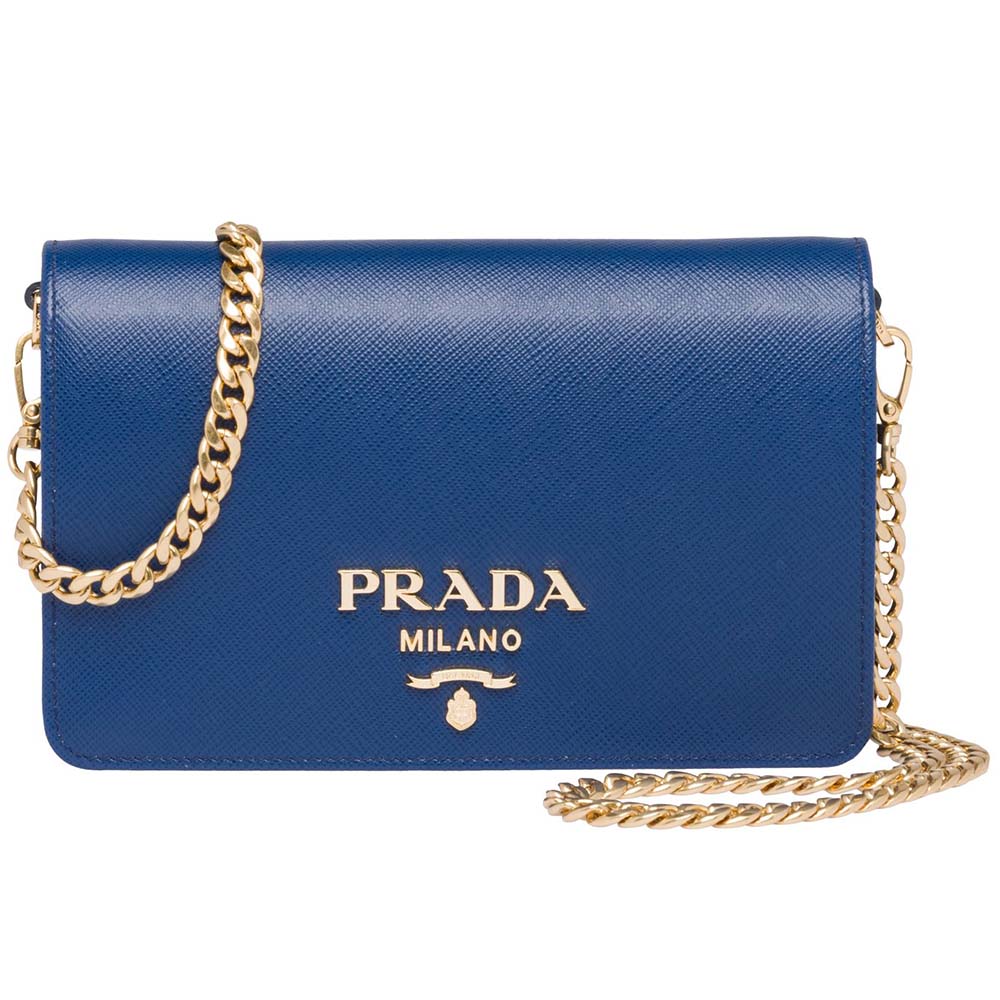 Front view of Prada Women Saffiano Leather Shoulder Bag-Navy with flap closed