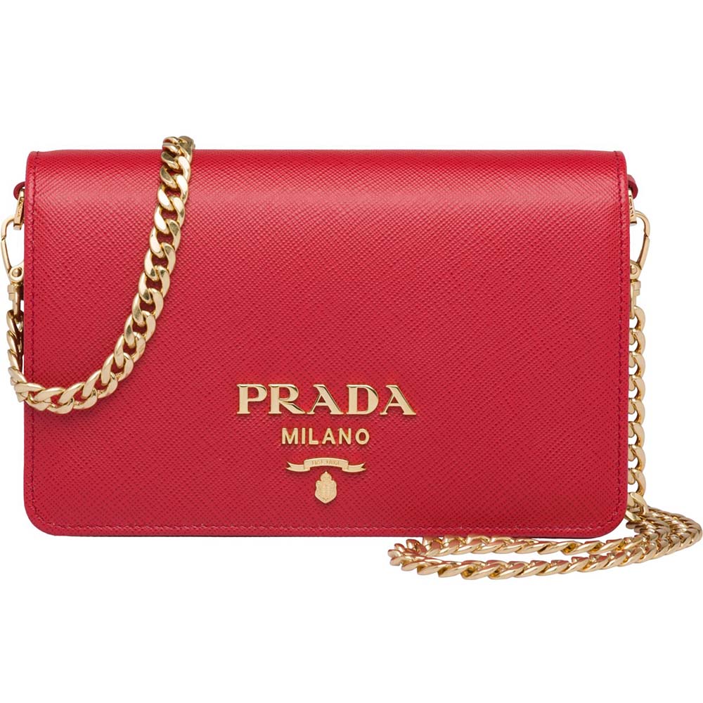 Front view of Prada Women Saffiano Leather Shoulder Bag-Red with flap closed