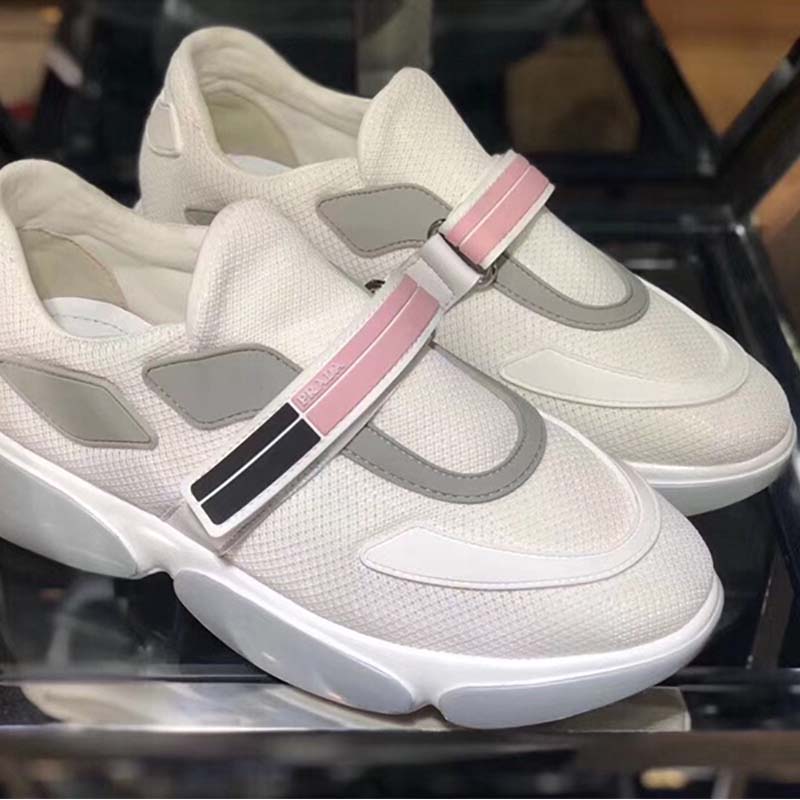 Close-up on lace and leather details of Prada Women Shoes Cloudbust Sneakers